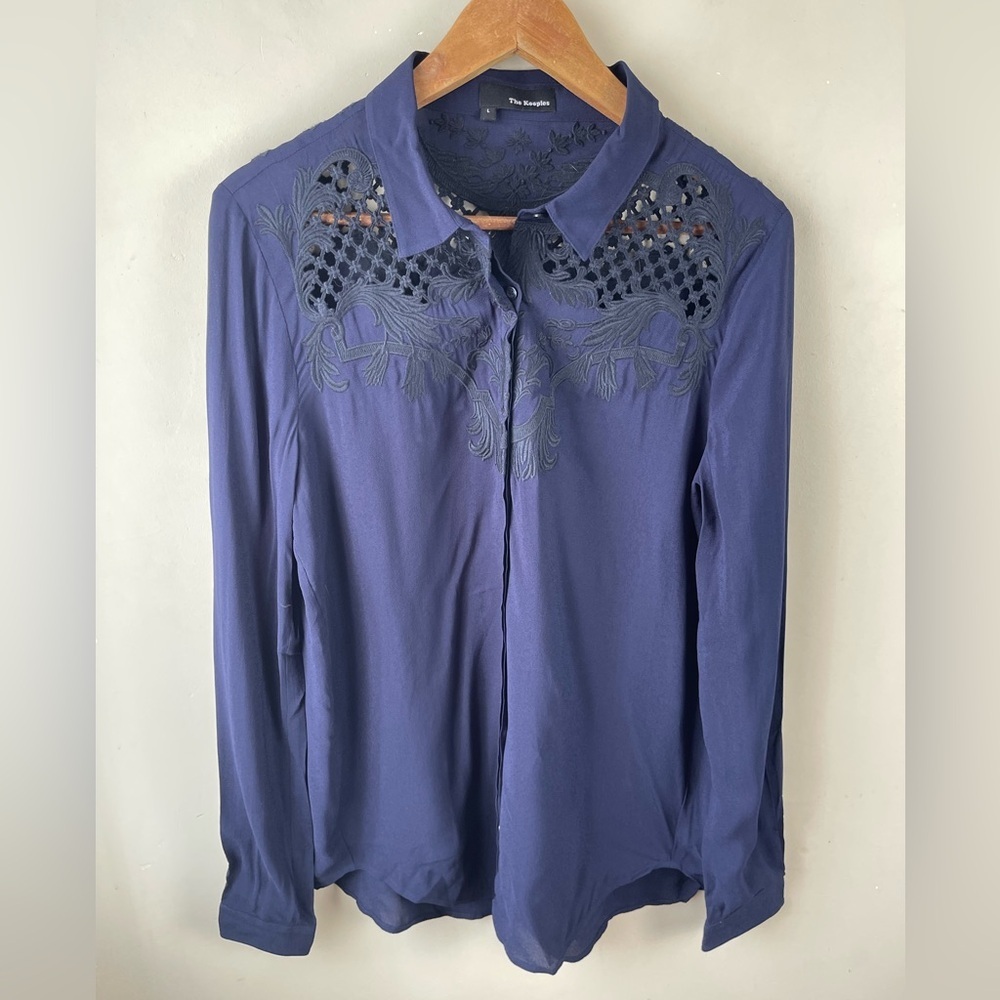 The Kooples Floral Embroidered western blue button up Long Sleeve Blouse large